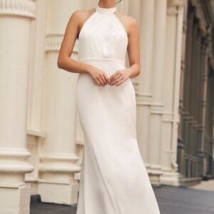 Lulus Eternity Together White Satin Halter Mermaid Maxi Dress - Size M